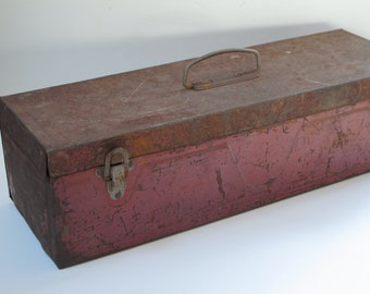 Vintage Metal Toolbox Industrial Metal Tool Box Red Toolbox Storage box Old Advertising Toolbox Boycraft Organizer Chest