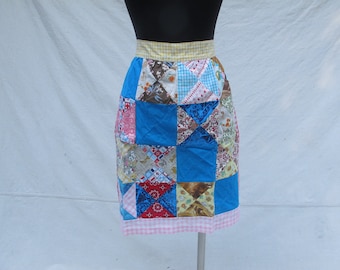 Vintage Patchwork Apron with Pocket Gingham Quilt Pattern Cotton Patchwork Apron Colorful Hostess Half apron