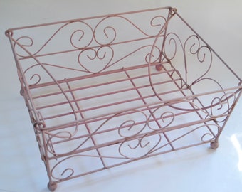 Vintage Pink Wire Basket Pink Metal Basket Rectangular Wire Container with Handles Shabby Chic Storage Bin Pink Kitchen Garden Basket