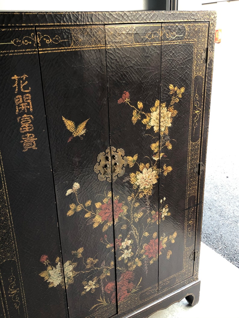 Chinoiserie Furniture Cabinet Hand Painted Asian lacquer cabinet Vintage Chinese ornate cupboard with gold red chrysanthemums media console image 4