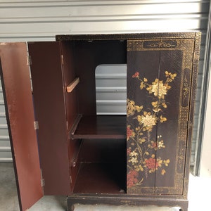 Chinoiserie Furniture Cabinet Hand Painted Asian lacquer cabinet Vintage Chinese ornate cupboard with gold red chrysanthemums media console image 9