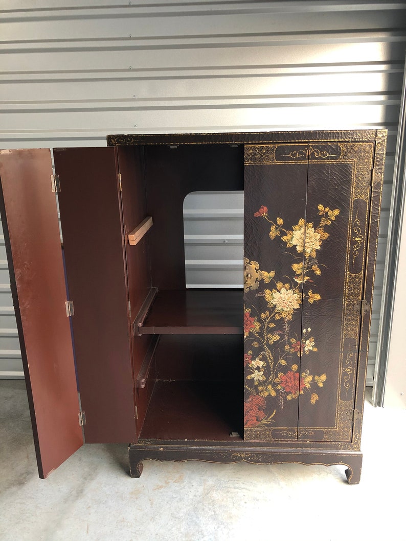 Chinoiserie Furniture Cabinet Hand Painted Asian lacquer cabinet Vintage Chinese ornate cupboard with gold red chrysanthemums media console image 9