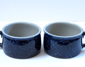 Deep Blue Speckled Pottery Mugs Large Ceramic Cups Extra Large set Mug French Onion Soup Bowl Noodle Broth Bowl Dark Indigo Blue Cobalt Blue