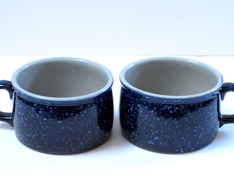 Deep Blue Speckled Pottery Mugs Large Ceramic Cups Extra Large set Mug French Onion Soup Bowl Noodle Broth Bowl Dark Indigo Blue Cobalt Blue image 1