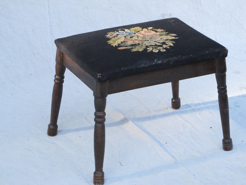 Needlepoint Stool Antique Black Stool Wooden Stool Needlepoint Bench Black Antique Footstool Floral Stool Vanity Stool Victorian Cushion image 1