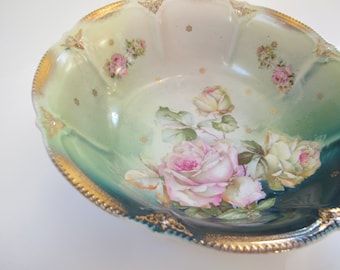 Antique Shabby Chic Bowl German Large Porcelain Bowl Gold Gilt Hand Painted Roses Serving Bowl Decorative Bowl Germany Fine China