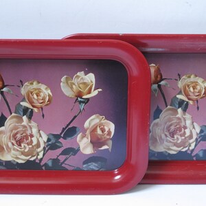 Set/2 Shabby Chic Metal Trays with Roses Country Cottage Decor Tin Metal Tray Roses Motif Wall Decor 1940s Serving Tray Display Tray image 2