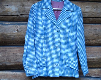 S/M Houndstooth Blazer Women Vintage Blazer Blue White Check Blazer 1960s Tailored Blazer Fitted Blazer