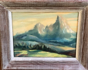 Original Oil Painting signed Oil Painting Vintage Impressionist Mountains Landscape Antique Frame Framed Art French Cottage Chic