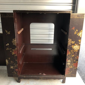 Chinoiserie Furniture Cabinet Hand Painted Asian lacquer cabinet Vintage Chinese ornate cupboard with gold red chrysanthemums media console image 7