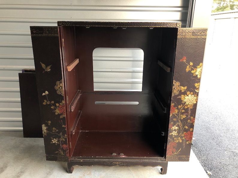 Chinoiserie Furniture Cabinet Hand Painted Asian lacquer cabinet Vintage Chinese ornate cupboard with gold red chrysanthemums media console image 7