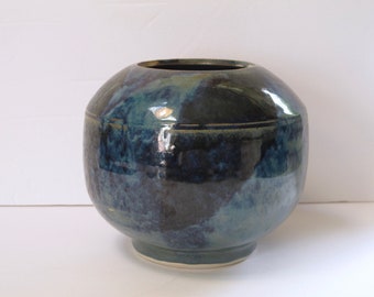 Art Pottery Vase Signed Studio Pottery Vase Blue Green Ceramic planter Mid Century Modern Round Ceramic Vase