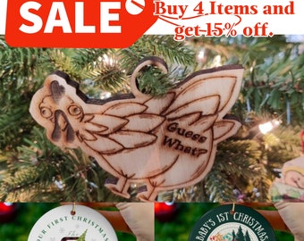 Christmas ornament, guess what chicken butt, Engraved Wood Chicken Ornament