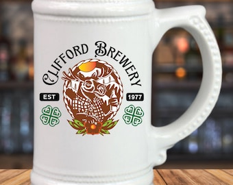 Custom Beer Steins Mug Personalized, Groomsmen Beer Stein, ceramic beer mug, Gold Trim Glass Ceramic D-Handle stein, beer pub logo