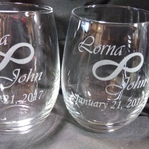Personalized stemless wine glass infinity knot glass for weddings