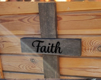 Barnwood Cross, rustic farmhouse decor, Cross with Faith on it, reclaimed wood, faith, Hope, Love, blessed.