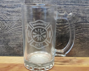 Glass mug gift for firefighter or first responder, beer stein for fireman, fireman or firewomen gift with fire emblem logo
