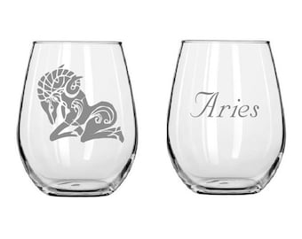 Personalized Etched Aries wine glass, zodiac sign glass gifts for Christmas gift or birthday.