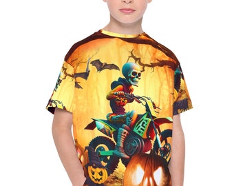 Halloween Kids Shirt, Skeleton shirt, all over print dirt biking shirt, motocross skeleton, spooky shirt fall season, custom racing jersey