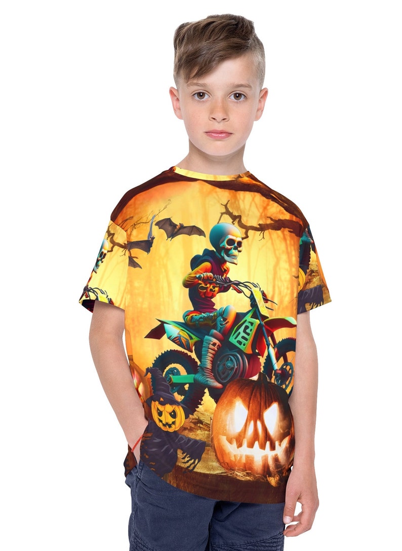 Halloween Kids Shirt, Skeleton shirt, all over print dirt biking shirt, motocross skeleton, spooky shirt fall season, custom racing jersey image 2