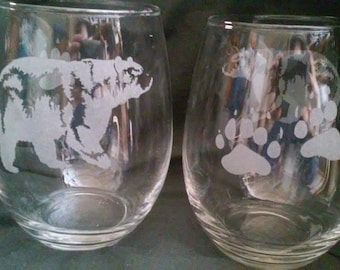 personalized stemless wine glasses or pint glasses, Mama bear or Papa Bear, bear paws etched glass Christmas Gifts