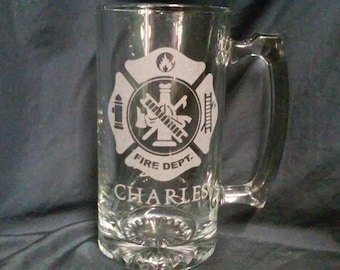 personalized beer mug for firefighter, gift for firefighters, fire emblem and logo, big glass mug for beer drinker and first responder