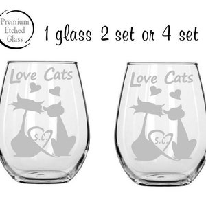stemless wine glasses,cat wine glass,Love Cats,anniversary gifts,pet glasses,couples Gifts,Christmas gifts,Etched gifts