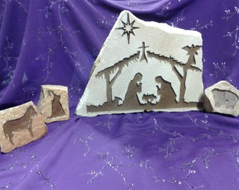 Engraved nativity scene, stone engraved manger scene, custom flagstone nativity, Christmas gifts and holiday decorations