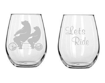 occhiali da ciclismo, Orsi in bicicletta, Papà e mamma orso, regali di compleanno, bicchiere di vino senza stelo, regalo personalizzato, vetro personalizzato, regali di Natale