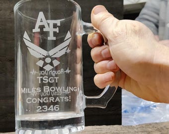 personalized Air Force glass mug, engraved gift for armed forces, beer mugs, glass gift for him or gift for her, groomsman gifts,