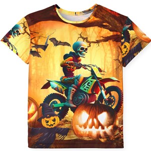 Halloween Kids Shirt, Skeleton shirt, all over print dirt biking shirt, motocross skeleton, spooky shirt fall season, custom racing jersey image 1