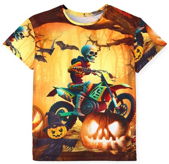 Halloween Kids Shirt, Skeleton shirt, all over print dirt biking shirt, motocross skeleton, spooky shirt fall season, custom racing jersey
