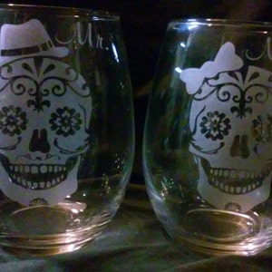 Bicchieri per il giorno dei morti, bicchieri personalizzati con teschio di zucchero, bicchieri da vino senza stelo unici, dia de las muerto, bicchieri di Halloween