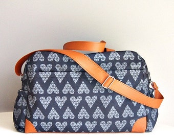 DIAPER BAG, Nappy bag, Triangle grey hearts on black background/ big diaper bag, weekender, sleepover bag, baby bag, mommy bag, changing bag