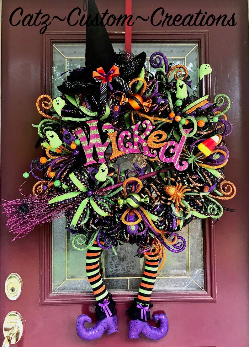 Halloween Deco Mesh Wreath Arrangement Raz Witch Legs Broom Etsy