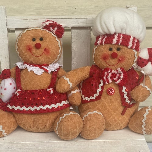 Peppermint Plush Gingerbread Boy Girl Candy Lollipop Shelf Sitter