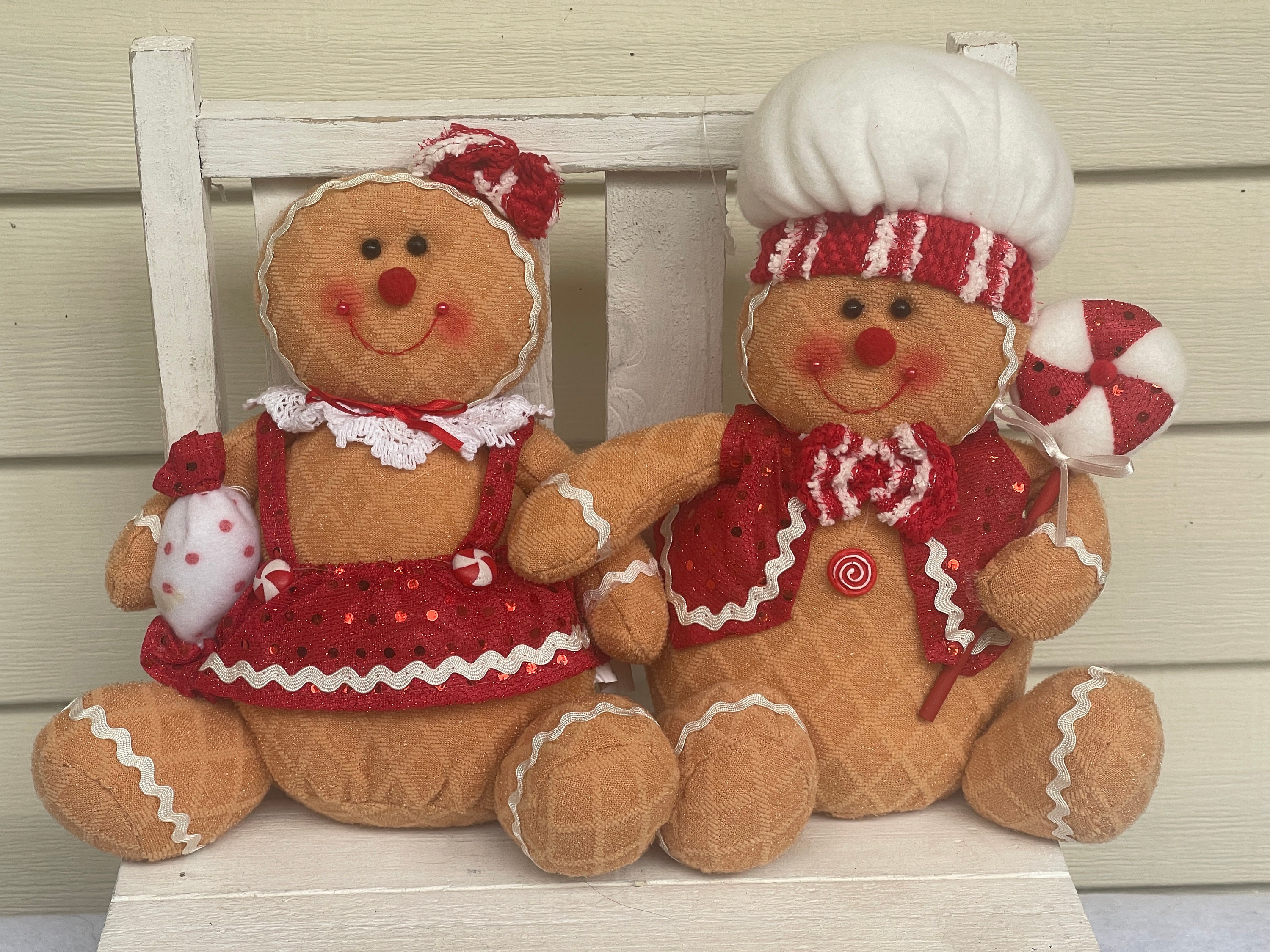 Peppermint Plush Gingerbread Boy Girl Candy Lollipop Shelf Sitter