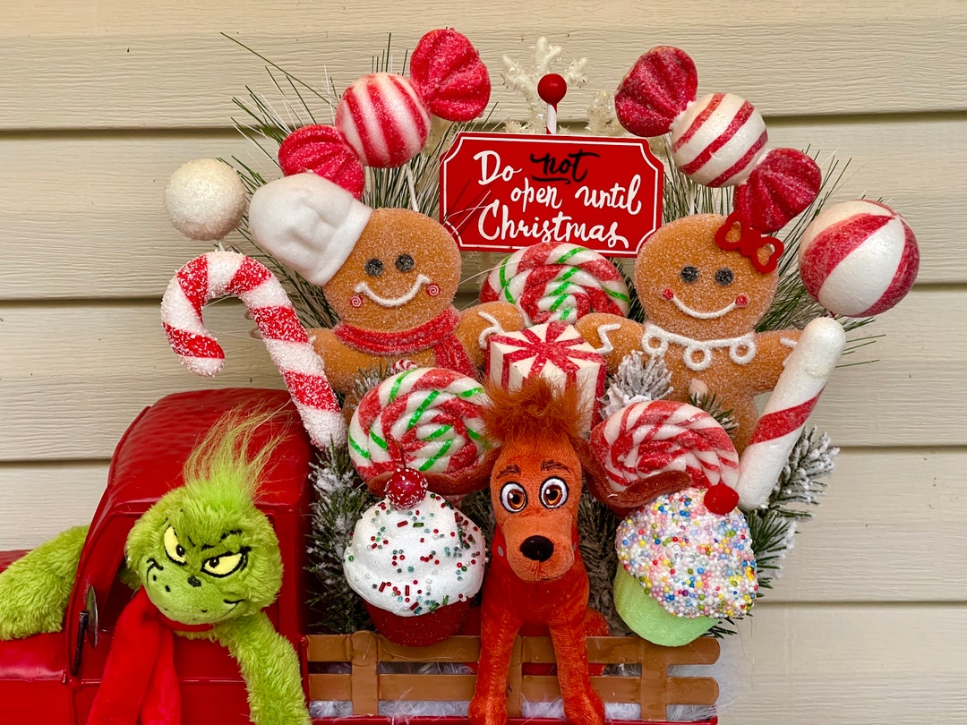 Grinch Inspired Flocked Truck Centerpiece Wreath Arrangement