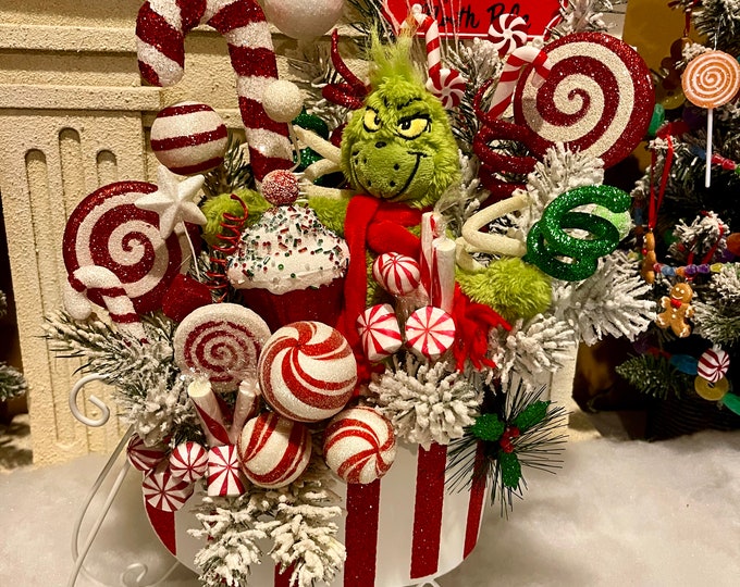 Grinch Inspired Sleigh Arrangement Christmas Centerpiece Xmas Sleigh
