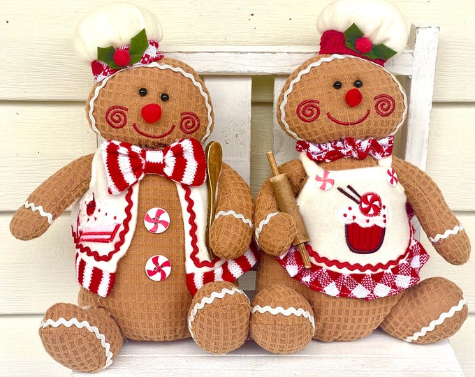 Peppermint Plush Gingerbread Boy Girl Candy Lollipop Shelf Sitter