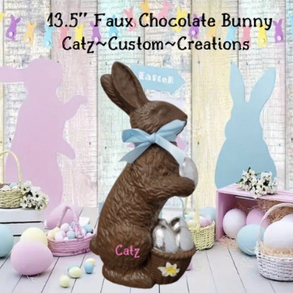 Large Faux Chocolate Easter Bunny Rabbit Decor Prop Gift Pink Bow Fake Bake Food Resin Tiered Tray