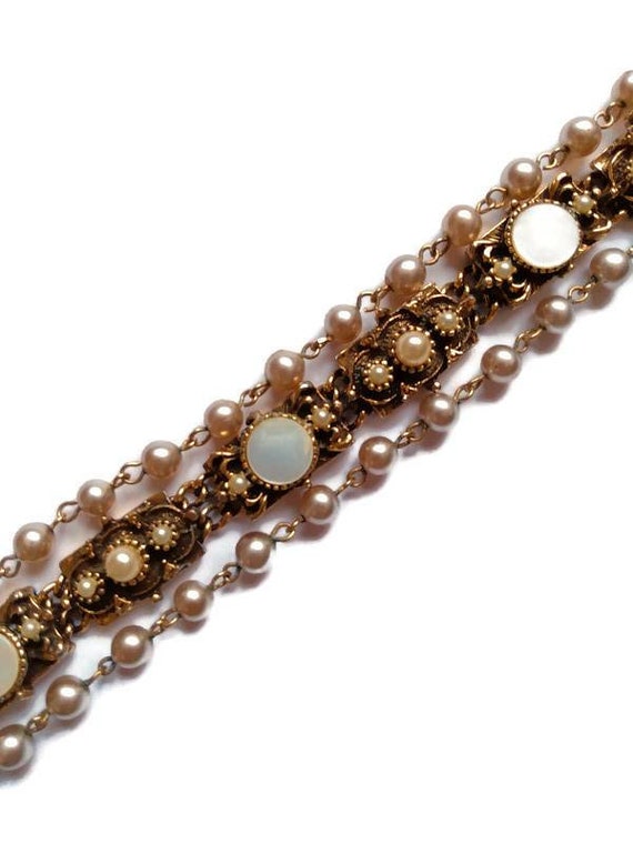 Triple Row Pearl Bracelet - vintage gold tone met… - image 1