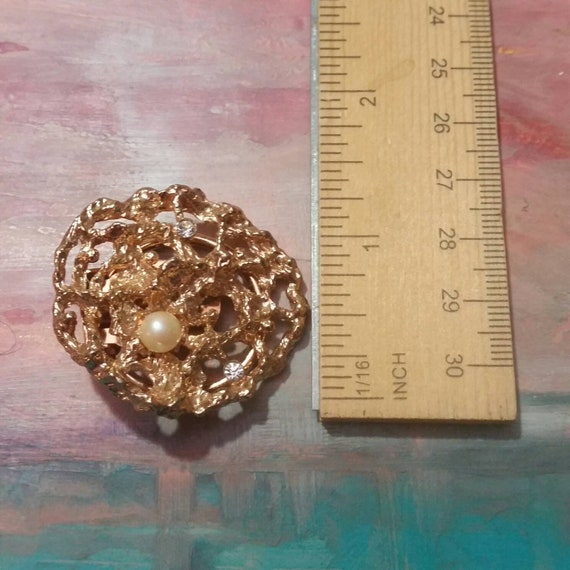 Rhinestone Pearl Golden Coral Brooch - vintage me… - image 6