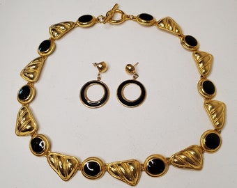 Black and Gold Jewelry Set- vintage earrings necklace