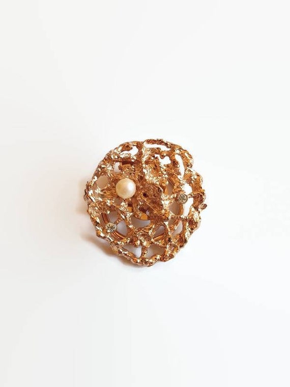 Rhinestone Pearl Golden Coral Brooch - vintage me… - image 1