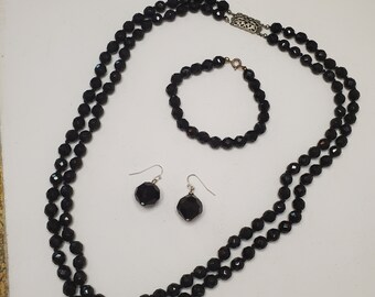 Black Glass Jewelry Set - vintage earrings necklace bracelet