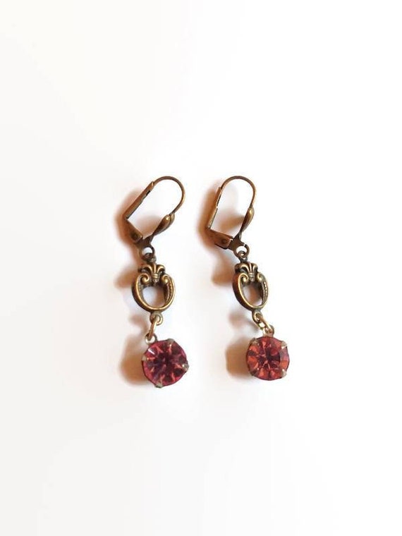 Pink Rhinestone and Brass Dangle Earrings - vinta… - image 1