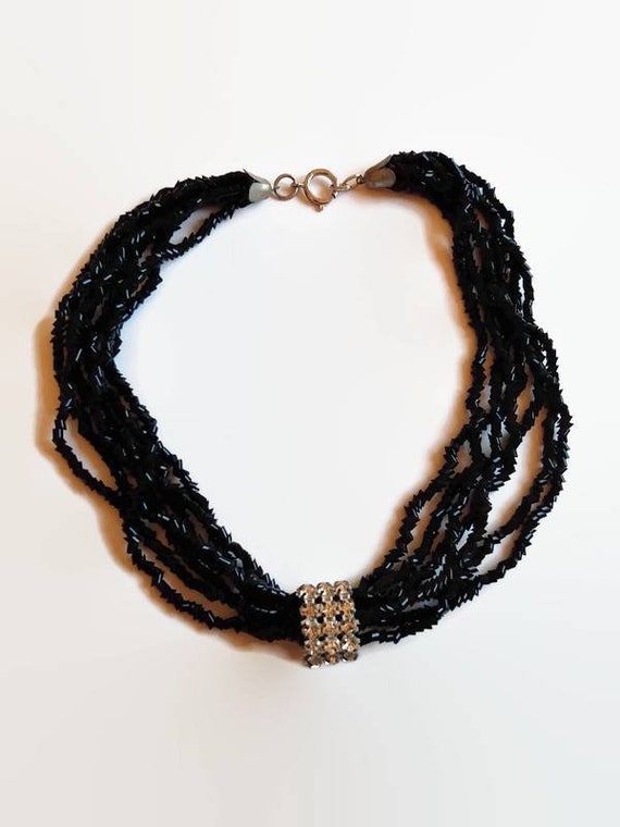 Sparkly Black Beaded Necklace - multi stand glass… - image 1