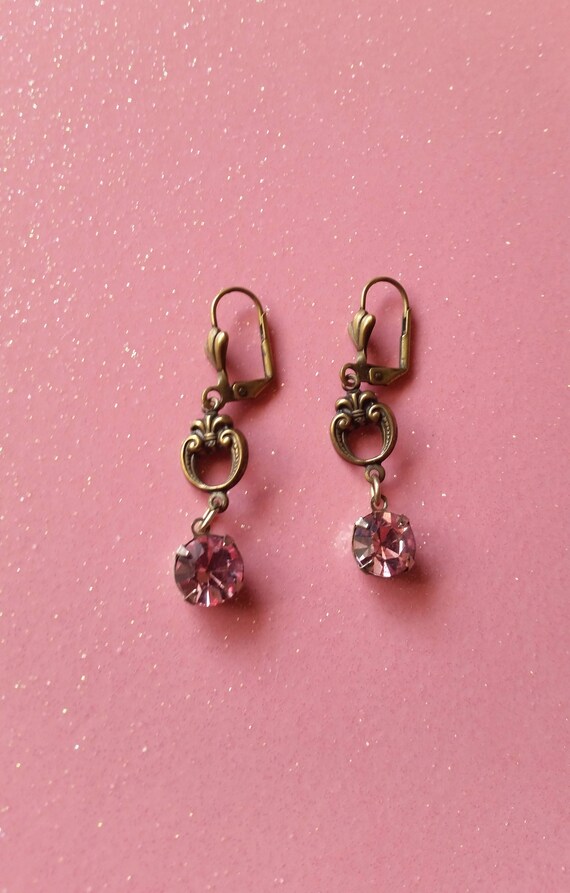 Pink Rhinestone and Brass Dangle Earrings - vinta… - image 4