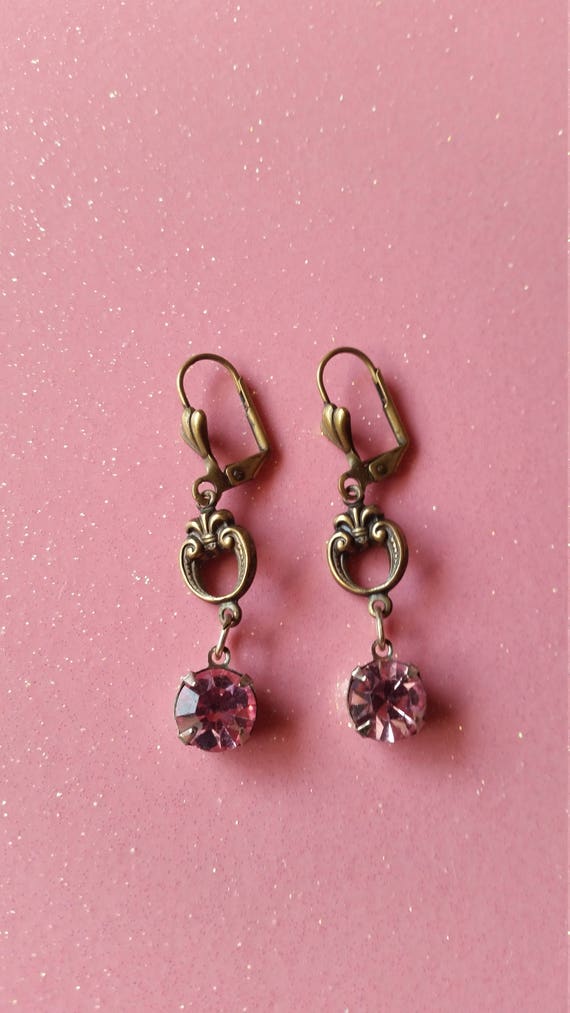 Pink Rhinestone and Brass Dangle Earrings - vinta… - image 2